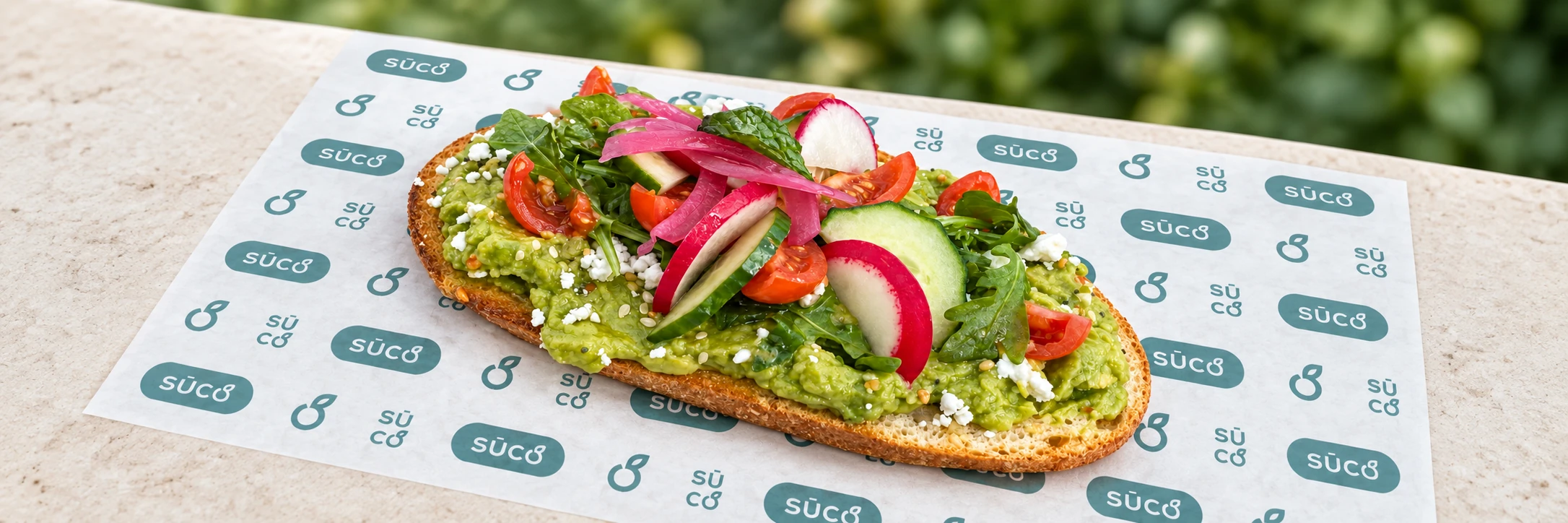 Fresh Suco avocado toast with colorful vegetables