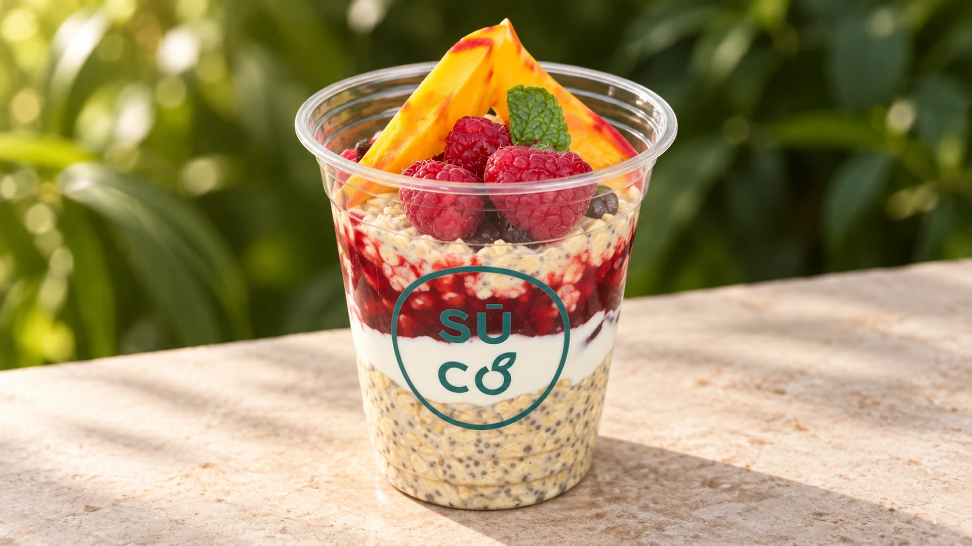 Sūco’s layered fruit, yogurt and oats cup with fresh raspberries and mint